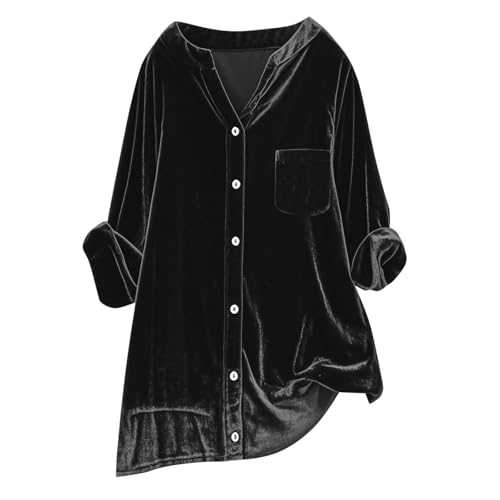 Women's Vintage Velvet T-Shirt Casual Long Sleeve Top Velvet Tops for Women Vintage Button Down Shirts Blouse for Pocket