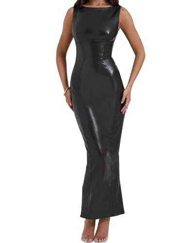 hibshaby Sexy Women Faux Leather Bodycon Maxi Dress Boat-Neck Tank Elegant Long Dresses