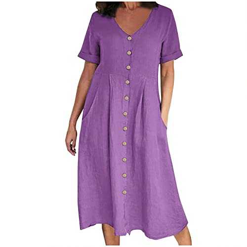 AMhomely Dresses for Women UK Clearance Summer Maxi Dresses Casual Loose Sundress V-Neck Solid Short Sleeve Button Cotton Linen Dress Beach Long Dress Flowy Party Dresses with Pockets