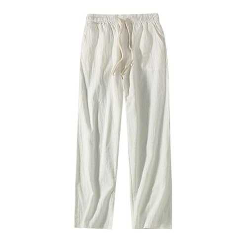 Mens Yoga Linen Pants - Summer Solid Straight Harem Sweatpants Elasticated Waist Tracksuit, Casual Drawstring Trousers with Pockets Oversize,Beige,7XL