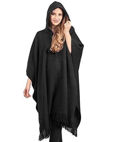 INTI ALPACA Alpaca Hooded Poncho for Women- Wool Cape with Hood - Winter Long Poncho - Comfortable House Coat-Solid Color