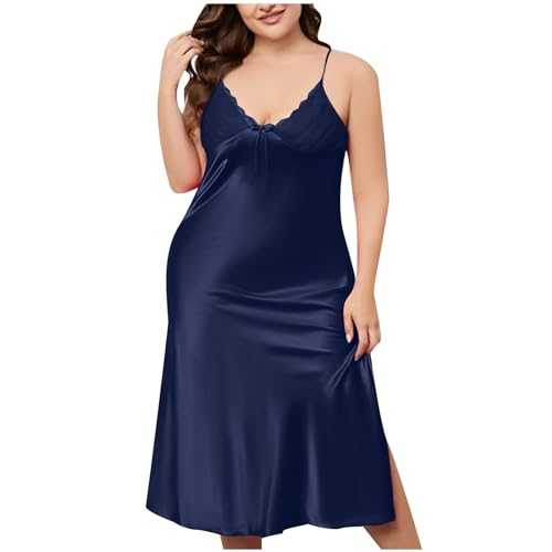 RLEHJN Plus Size Satin Nightdresses for Women UK Plain Strap Chemise Silk Nighties Summer Dresses Soft Ladies Night Dress Nighty V Neck Negligees Solid Color Nightwear XL-3XL