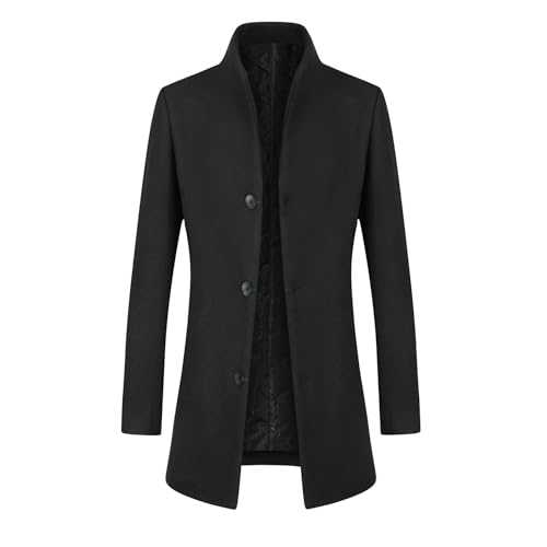Mens Winter Trench Wool Coat Casual Warm Elegant Jacket Overcoat Slim Fit Mid Length Coat Black (Thick) L