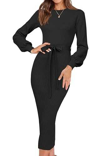 HAEOF Womens 2024 Fall Sweater Dress Elegant Ribbed Knit Crewneck Long Puff Sleeve Winter Bodycon Midi Dresses