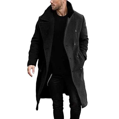 Men Winter Coat Wool Blend Trench Overcoat Notched Collar Double Breasted Long Pea Coat Elegant Windbreaker Jacket