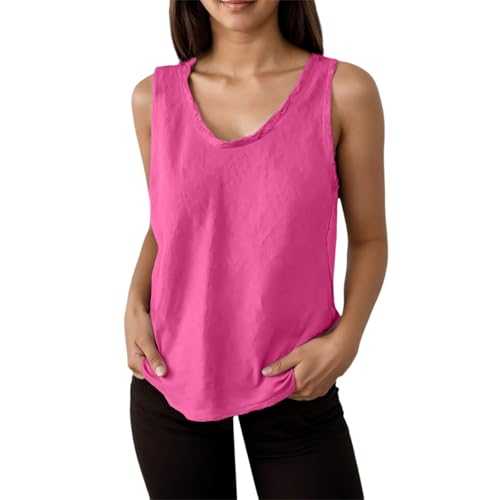 Generisch Women's Sleeveless Ruffle V Neck Summer Tank Top Linen Plain Hem Camisoles Glitter Top, Hot Pink, XL