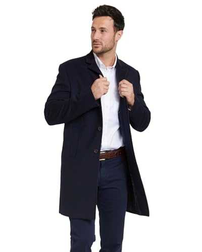 Men's Navy Blue Wool Overcoat Coat Formal Casual Winter Knee Length Button Smart Warm Winter