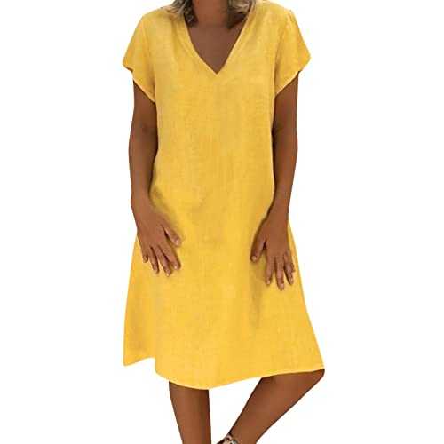 Zeiayuas Cotton Linen Dresses for Women UK Clearance Summer T Shirts Midi Dress Short Sleeve Round Neck Knee Length Dress Ladies Beach Loose Solid Color Casual Dresses