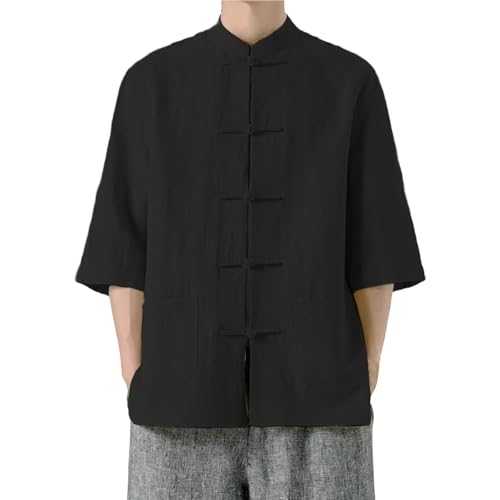 Chinese Tang Suit Shirts for Men Cotton Linen Traditional Chinese Shirts Casual Short Sleeve Collarless Shirt Kung Fu Suit Mens Hanfu Martial Arts Clothes Shirt Taichi Uniform Tops