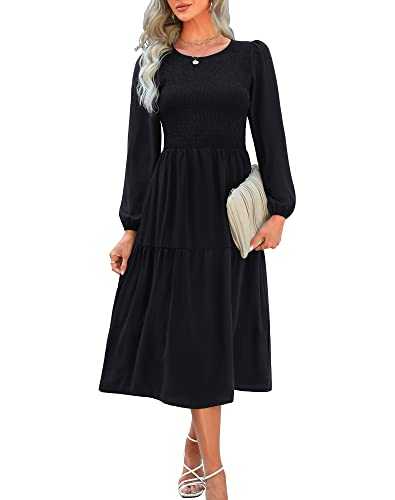 Ellakoko 2023 Fall Winter Women Casual Bishop Long Sleeve Modest Round Neck Ruffle Tiered Midi Dresses with Pockets