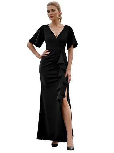 Ever-Pretty Women's Bodycon V Neck A Line Short Sleeves Long Prom Dress with Slit AE00014