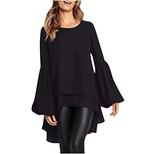 AMhomely Ladies Blouses Womens Short Front Long Back Tops Long Sleeve Casual Pullover Blouse Chiffon Casual Blouse Crewneck Flare Sleeve Pullover Tops Elegant Party Tees Shirts Office