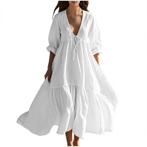Women's Cotton Linen Dress Deep V Neck 3/4 Sleeve Casual Dress Hawaiian Midi Sundress Ladies Tropical Vacation Beach Swing Dressy a Linen Street Tunic Skirt Chic Party Travel Clothes