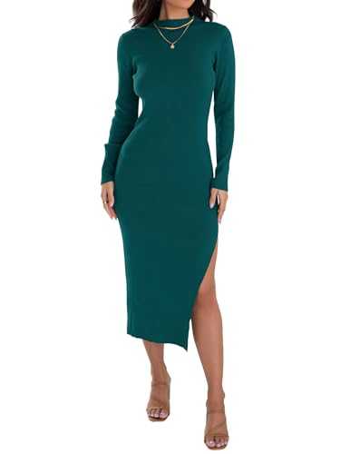 ZESICA Women's Mock Neck Sweater Dresses Long Sleeve Side Slit Slim Fit Fall Elegant Ribbed Knit Midi Dress