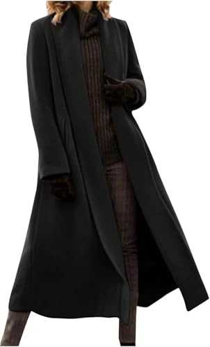 Women's Maxi Winter Coat - Elegant Wool Blend Trench Coat with Notch Collar Long Length Open Front Warm Pea Jacket Oversized Plus Size Casual Fashion Outerwear