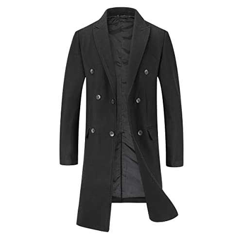 Allthemen Mens Winter Coat Wool Knee Length Coat Mens Winter Coat Slim Fit Long Coat Black Business