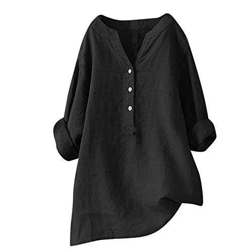 Linen Blouse Women's Oversize Long Sleeve Loose Linen Blouse V-Neck Button Plain Blouses Shirt Summer Autumn Long Shirt Tops Tunic Long Tops