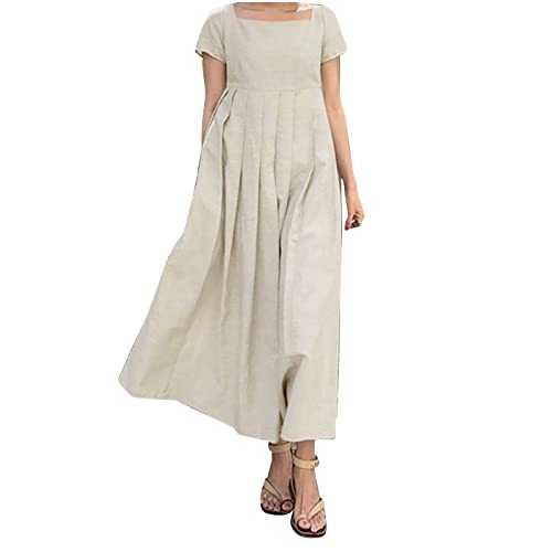AMhomely Womens Summer Dresses Linen Cotton and Linen Dresses Empire Waisted Maxi Dress Elegant Short Sleeve Casual Pleated Dress High Waisted A-line Dress Vintage Tunic Dresses Holiday