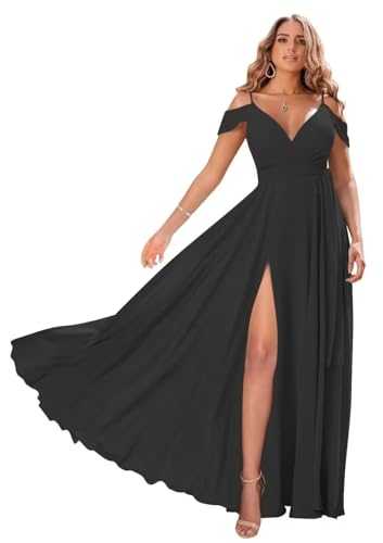 HYEC7 Off Shoulder Long Chiffon Bridesmaid Dresses V Neck Prom Dress with Slit Pleated Chiffon Formal Evening Party Gowns