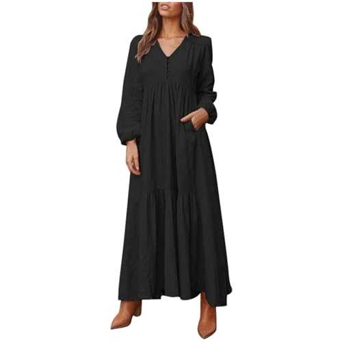Women Dresses Linen Elegant Beach Summer Dresses Women's Long Sleeve Mid Flowy Swimdresses Ladies Button Solid V Neck Beachwear with Pocket Womens Bikini Cover-Ups