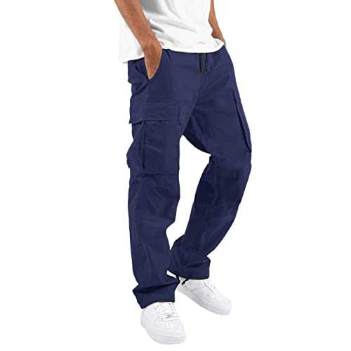 Cargo Pants Men - Jogging Bottoms Straight-Fit Solid Colors Work Trousers Drawstring Casual Pants Lightweight Tracksuit Bottoms Multi Pockets Cargo Combat Pants Wide Leg Baggy Sweatpants M-3Xl