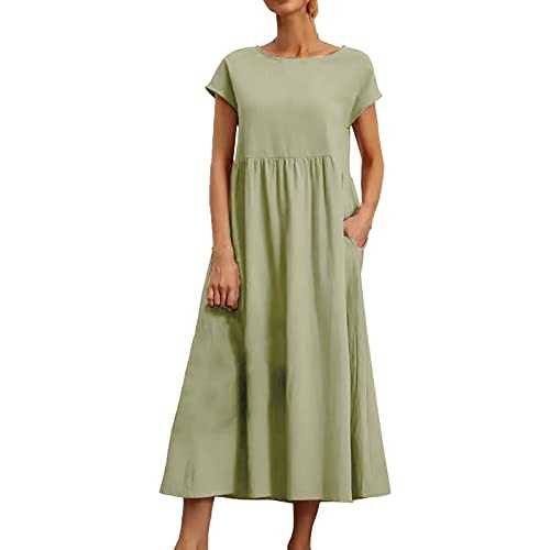 VEMOW Women's Cotton and Linen Dress Solid Color Short Sleeve Crew Neck Loose Casual Midi Dress Pleated A-Line Swing Tunic Dresses Summer Holiday Beach Sundress with Pockets