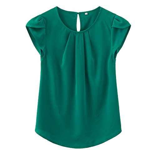 TASAMO Women’s Blouses Casual Cap Sleeves Front Pleated Round Neck Keyhole Back Chiffon Dressy Top