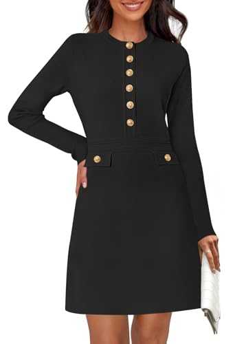 MEROKEETY Women's Long Sleeve Bodycon Sweater Dress Button Crew Neck Elegant Formal Mini Dresses