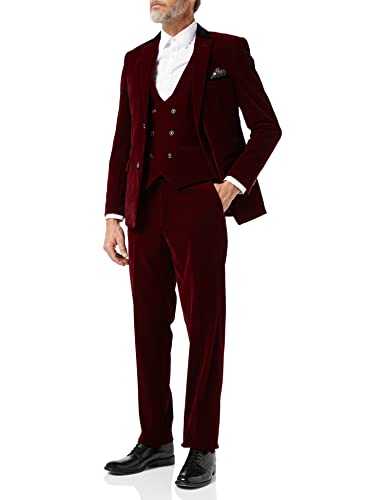 SAM Mens 3 Piece Velvet Suit in Burgundy Tailored Fit Jacket Waistcoat Trousers Wedding Party