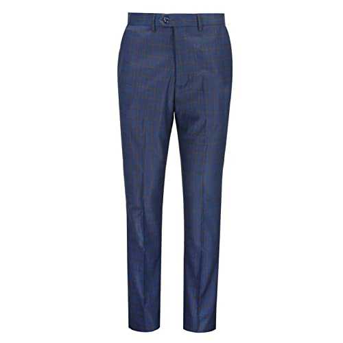 Xposed Falco - Men’s Tan Windowpane Check Mid Blue Suit Trousers Tailored Fit Retro Dress Pants