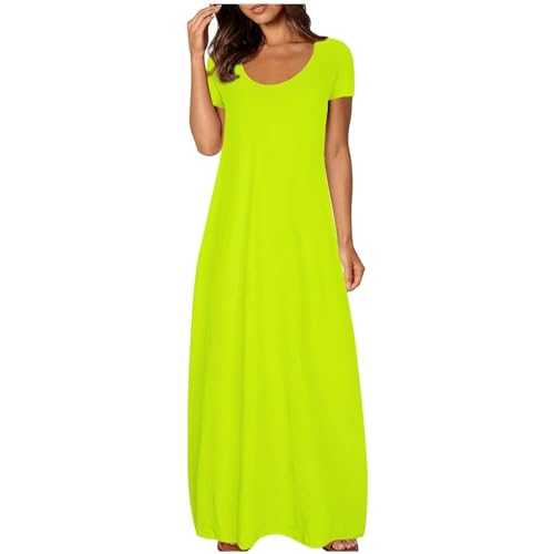 Summer Maxi Dresses for Women UK Casual Short Sleeve Cotton Swing Long Dress Scoop Neck Flowy Sundress with Pockets for Beach Holidays