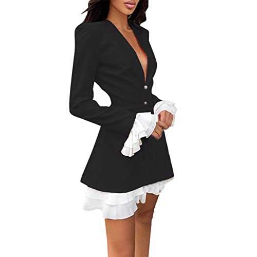 NNGOTD Womens Summer Casual Dress, Women's Retro Autumn and Winter Sexy V Neck Ruffle Stitching Two Dresses Womens Dresses Casual Summer Midi Length Elegant Summer Casual Solid Color Short Dress