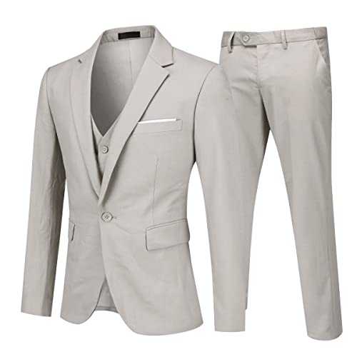 Cloudstyle Mens Suits 3 Piece Slim Fit Wedding Suit One Button Business Formal Blazer Jackets Waistcoat Trousers Beige XXL