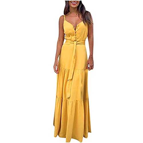 Women’s Fashion Sexy Dress Sling V-Neck Solid Buttoned Long Dress with Belt UK Size Party Elegant Dress Sale