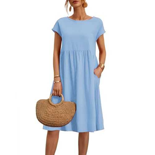 Ladies Summer Dresses for Women UK Plus Size Maxi Wedding Guest Dresses Casual Short Sleeve Crew Neck Swing Dresses Flowy Party Prom Dress with Pockets for Holiday Beach