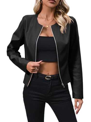 SotRong Womens Faux Leather Zip-Up Jacket Cropped Moto Style Blazer Collarless PU Biker Motorcycle Coat Lightweight Fashion Outwear for All Seasons