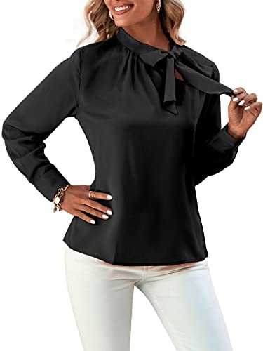 Umenlele Women's Elegant Tie Knot Mock Neck Ruched Long Sleeve Blouse Shirt Top