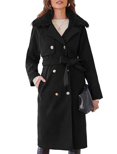 CURLBIUTY Women's Trench Coats Elegant Windproof Long Belted Peacoat Warm Jacket Double Breasted with Detachable Faux-Fur Collar Ladies Winter Wear