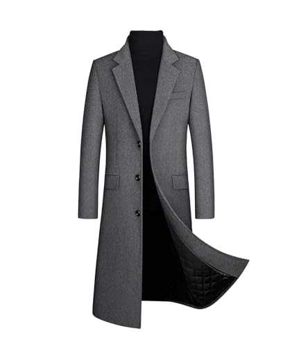 xxxiticat Men's Winter Trench Coat Long Sleeve Notch Lapel Single Breasted Quilted Cotton Long Overcoat Jacket Wool Pea Coat