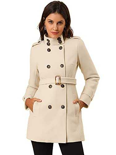 Allegra K Women's Stand Collar Double Breasted Pockets Trendy Outwear Winter Coat with Belt