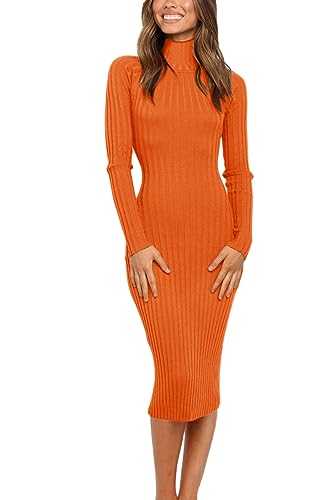 MEROKEETY Women's Ribbed Long Sleeve Sweater Dress High Neck Slim Fit Knitted Midi Dress