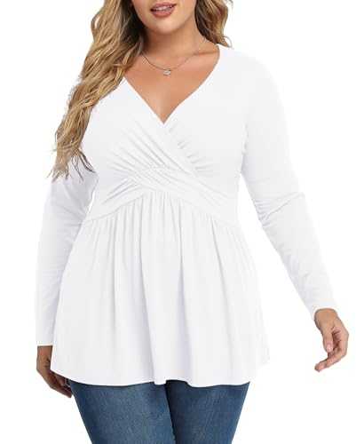 TIANZHU Plus Size Tops for Women Wrap Baby Doll Shirt Soft Tunic Top Dressy V Neck Blouse,XL-4XL