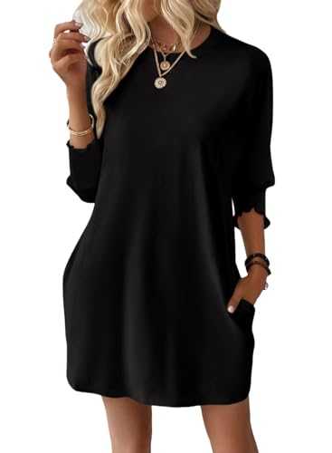 Dokotoo Womens Dresses Summer 2025 Fashion 3/4 Sleeve Elastic Smocked Crewneck with Pockets Solid Color Spring Casual Women's Mini Dress S-XXL