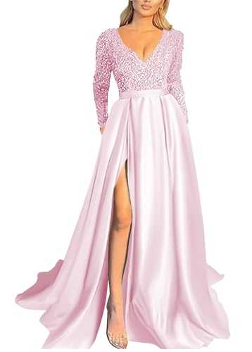 Long Sleeve Prom Dresses 2024 for Women with Pockets A Line Sparkly Sequin Formal Ball Gown