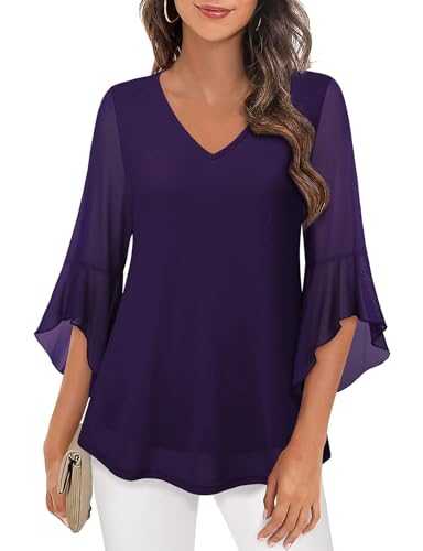 Blouses Tops for Women UK Ladies V Neck Ruffle Sleeve Shirts Double Layered Mesh Dressy Tunics Top M-3XL