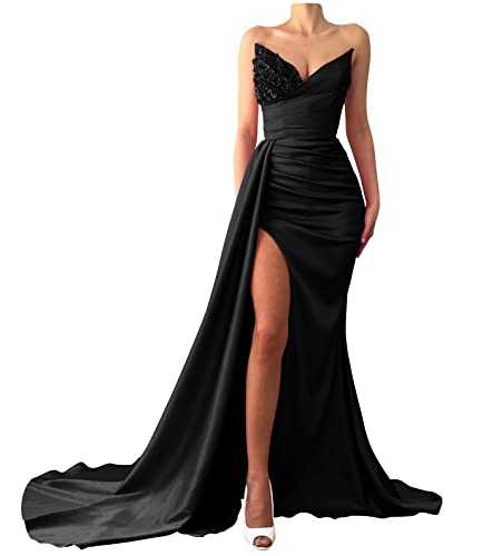 Prom Dresses 2023 Strapless Mermaid Sequin Beaded Satin Long Slit Evening Gowns for Women Bridesmaid Dresses