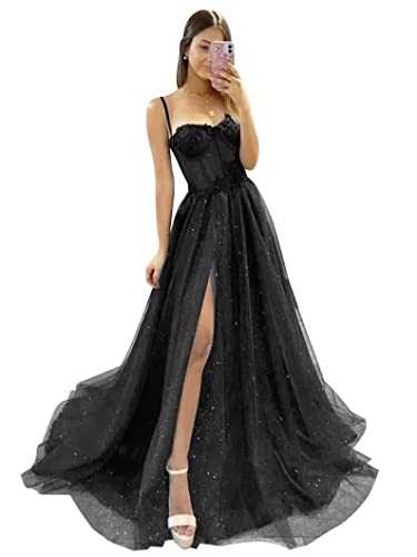 Sparkly Tulle Prom Dresses Spaghetti Strap Long Ball Gowns Lace Formal Evening Dresss with Slit