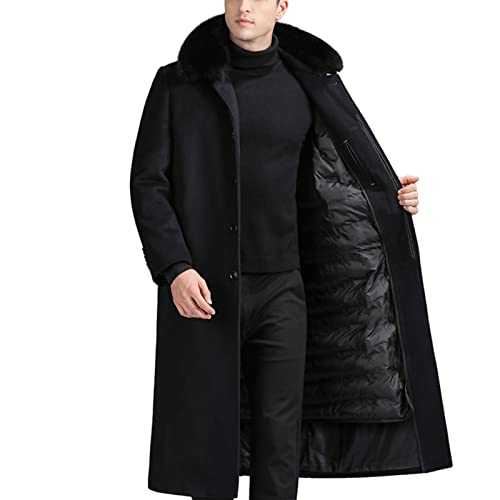 Men's Single Breasted Long Pea Coat, Premium Wool Trench Coat with Down/Fleece Lining