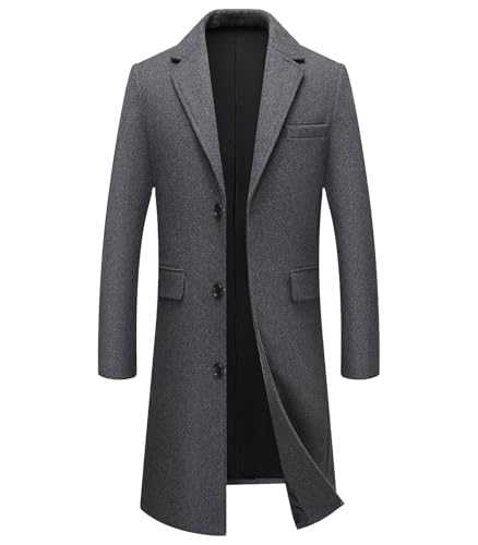 FTIMILD Mens Wool Blend Long Trench Coat Notch Lapel Single Breasted Overcoat Winter Warm Peacoat
