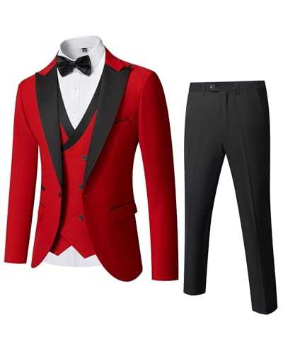 YND Men's 3 Piece Slim Fit Wedding Tuxedo Set, Peak Lapel One Button Suit Jacket, Double Breasted Vest Pants with Bow Tie